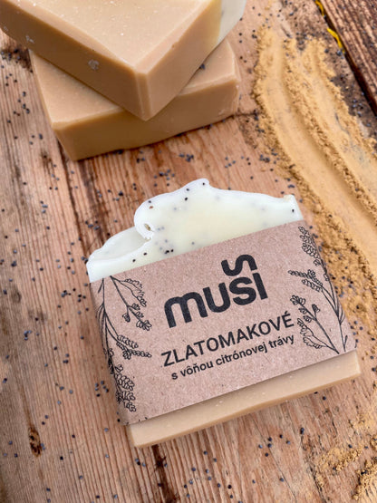 Zlatomakové telové mydlo s makovými zrniečkami a žltým ílom – prírodné pílingové mydlo s vôňou citrónovej trávy a medovky